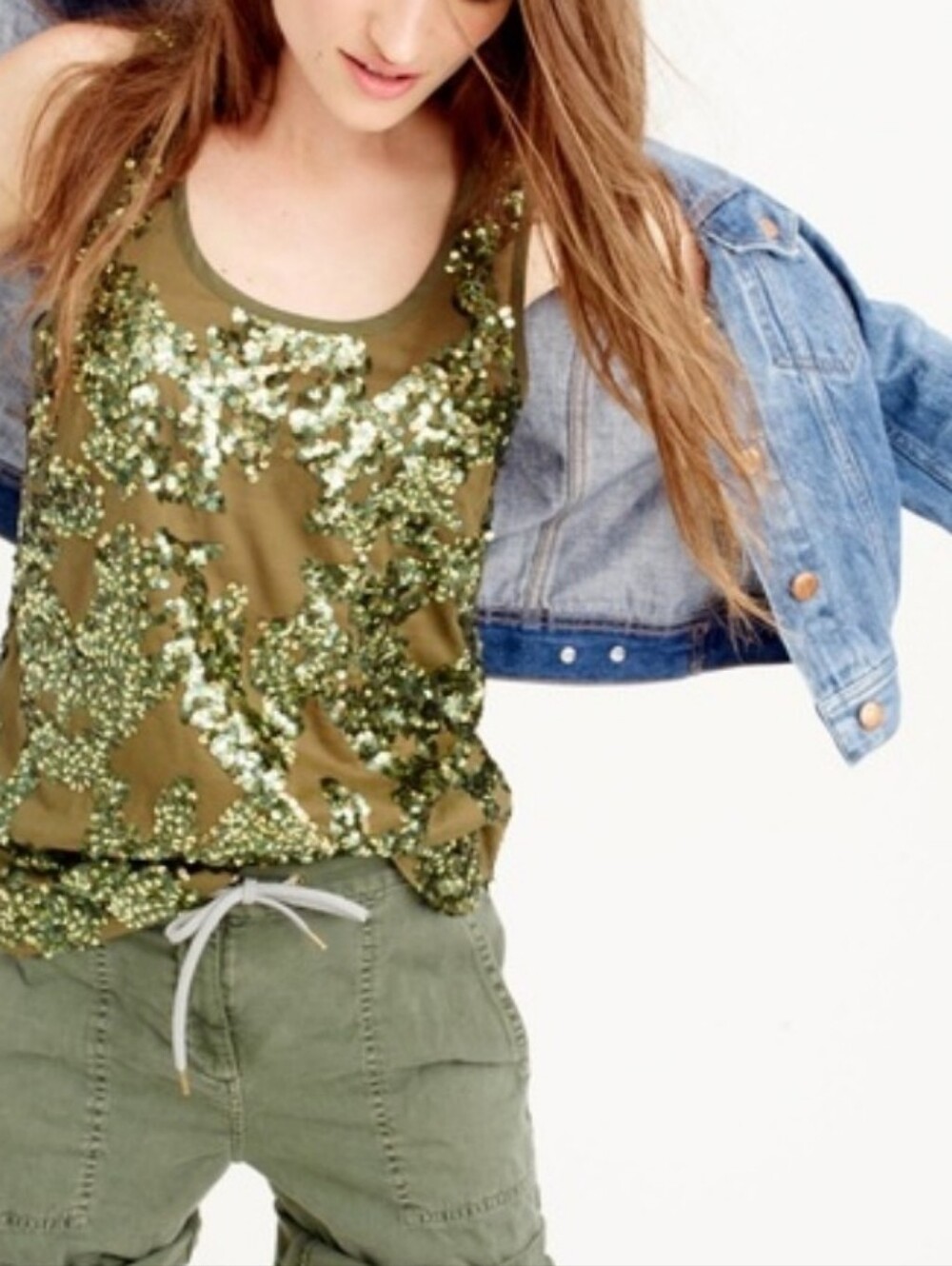 J. Crew Olive Green Sheer Sequin Tank Top
